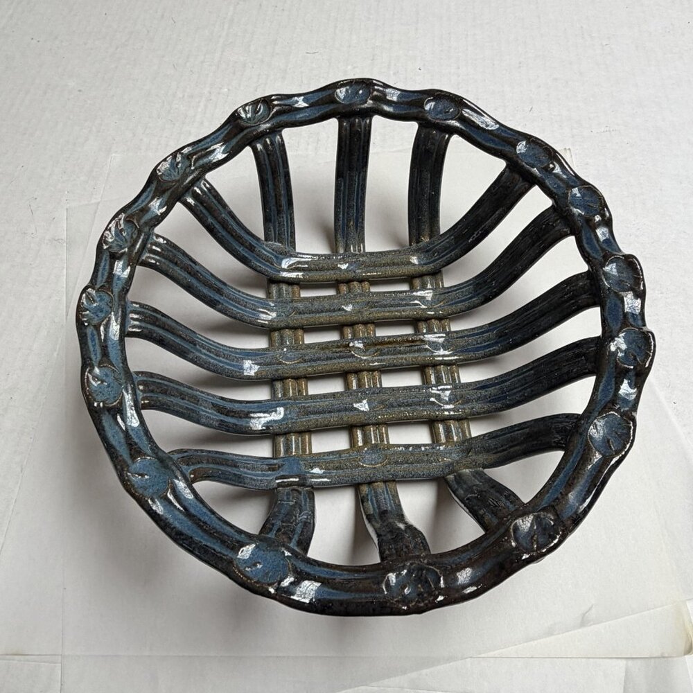 Pottery Braided Woven Basket Handmade Vintage Art Piece Not Signed Decor Blue